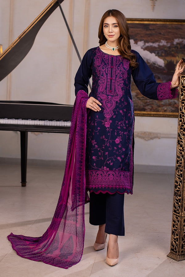 Black Cotton Outfit with Purple Embroidery
