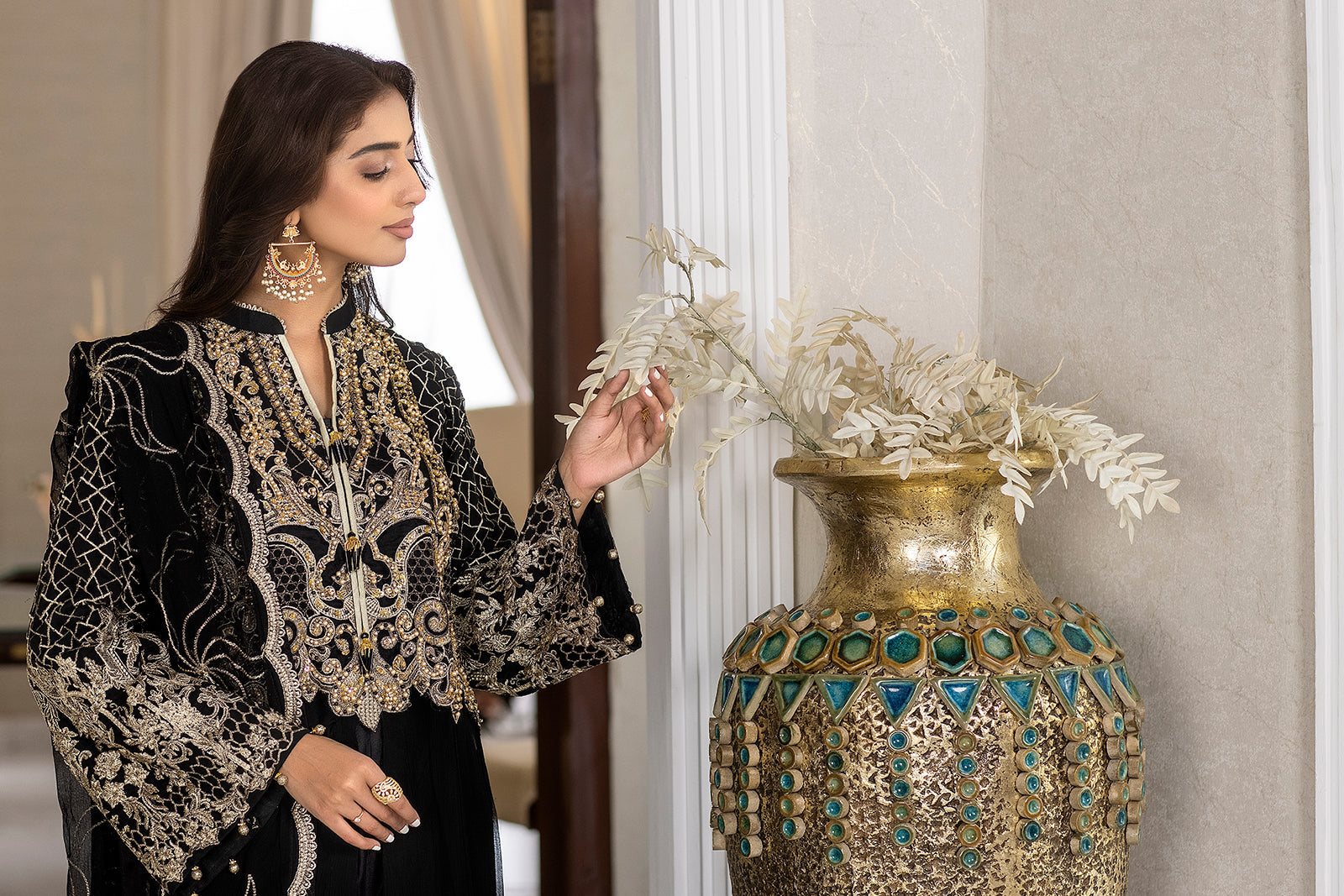 Black Golden Embroidery Chiffon Dress USA
