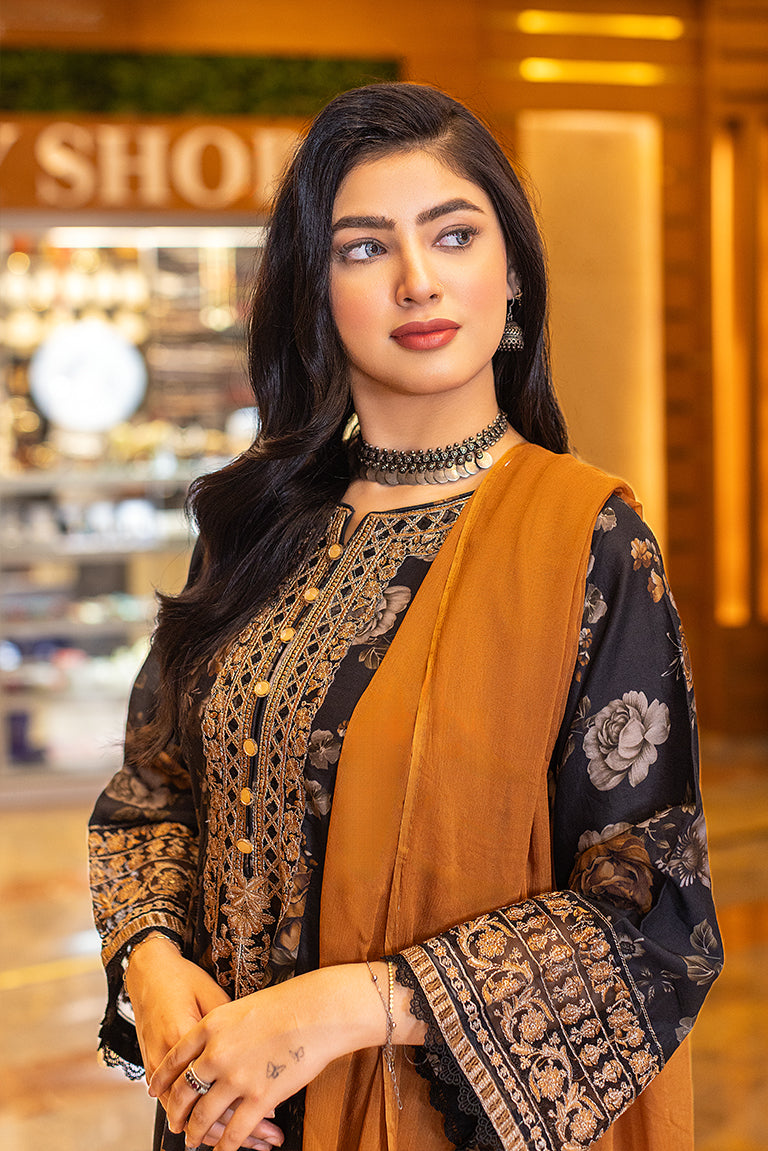 Black and Mustard Embroidered Cotton Suit USA
