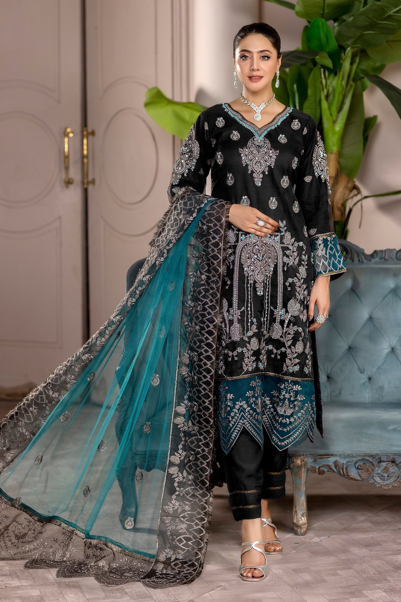 Black and Zinc Organza Formal Dress