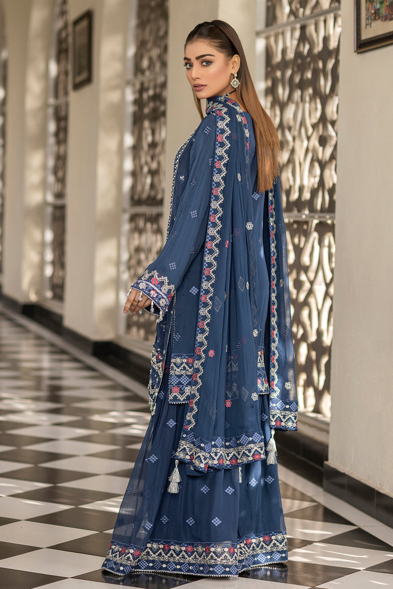 Blue Chiffon Embroidered Sharara 