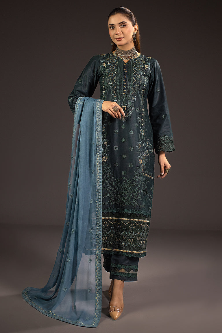 Elegant Dull Blue & Zinc Green Embroidered Outfit