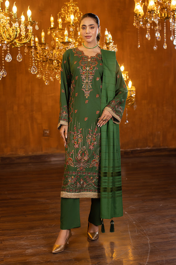 Embroidered Dhanak  Green Suit