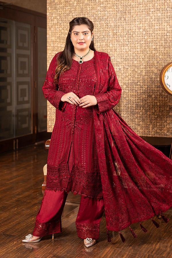 Maroon Chiffon Embroidered Dress
