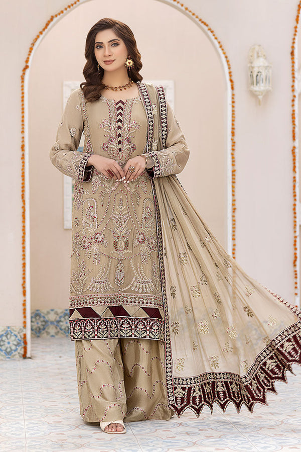Maroon and Beige Embroidered Dress