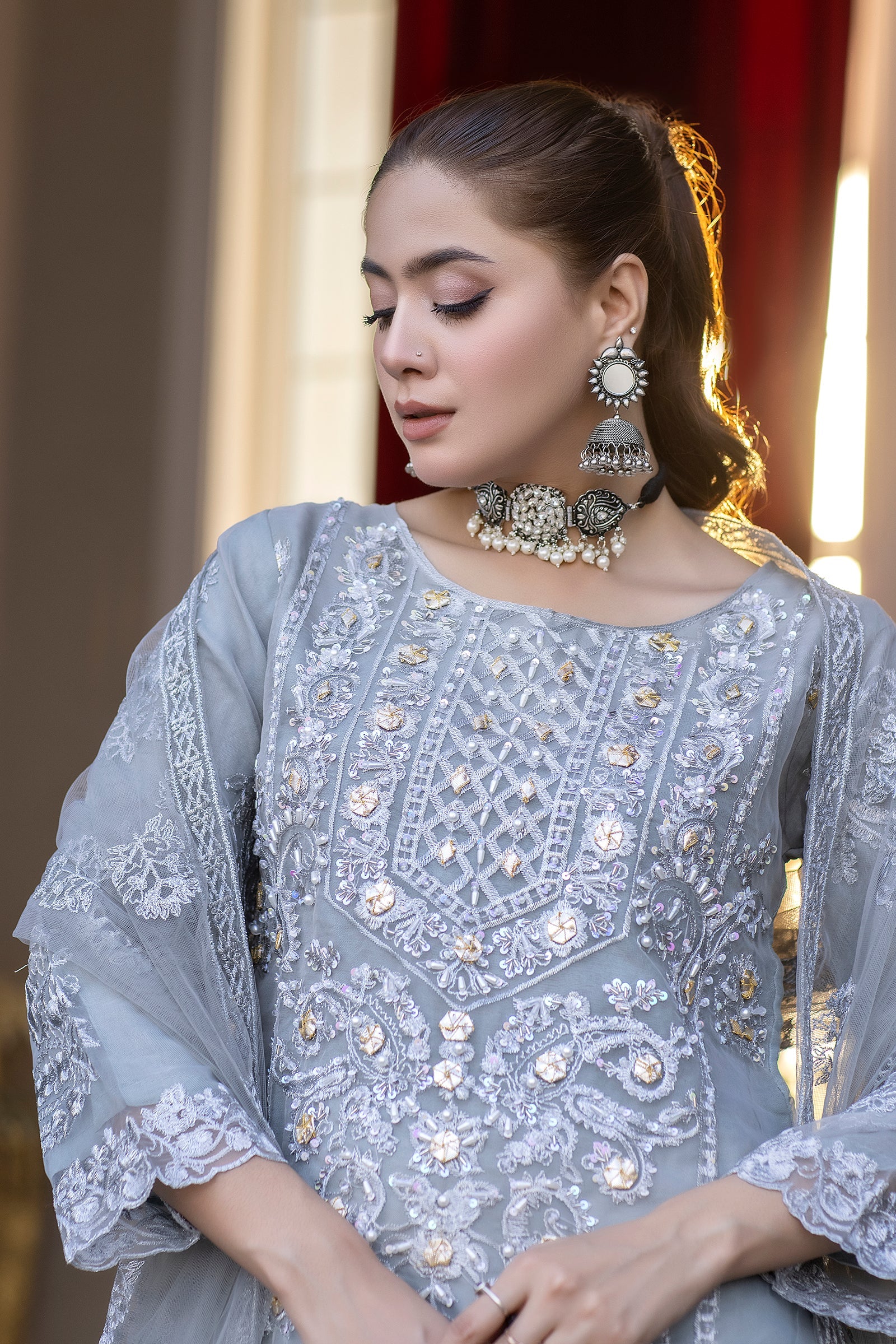 Organza Formal Dress with Silver Zari Embroidery USA