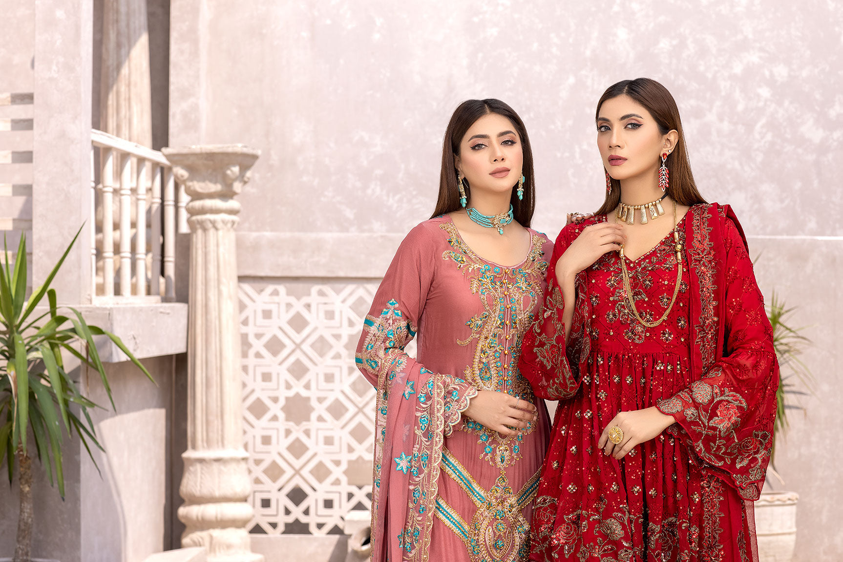 Red and Coral Pink Chiffon Dresses