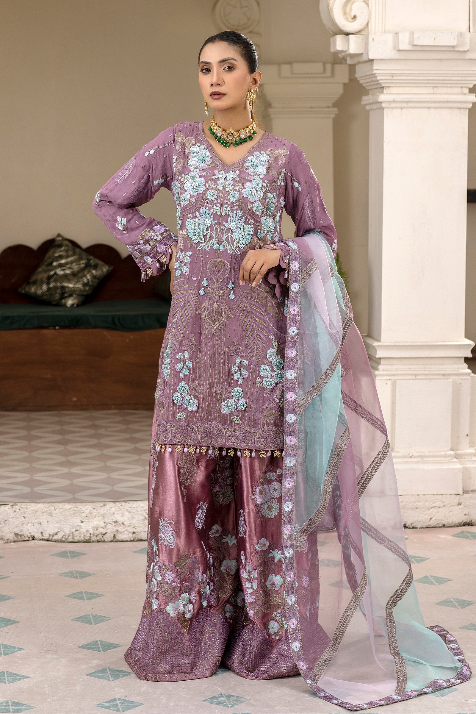 Royal Purple Chiffon embroidery Sharara Dress