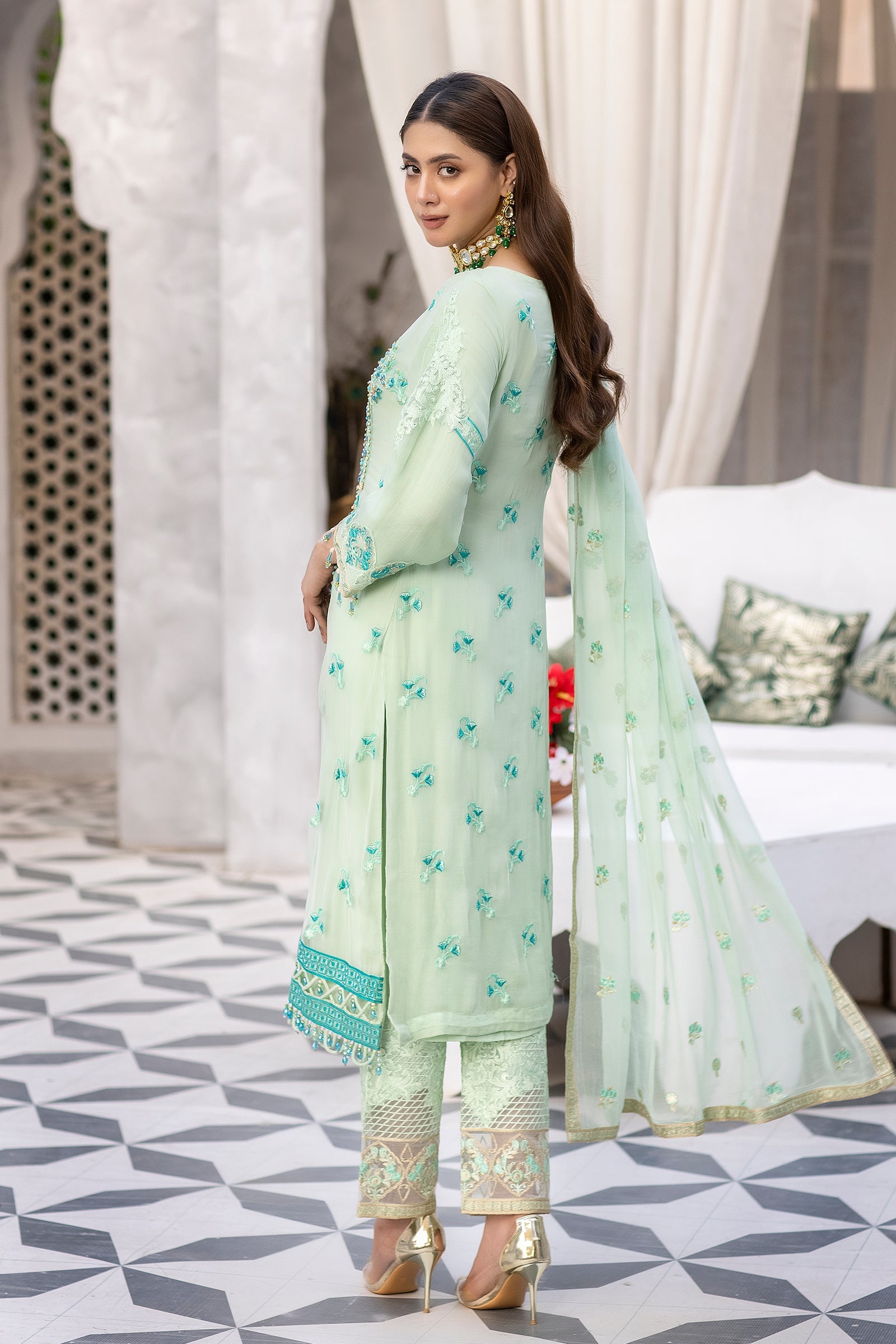 White-Green Chiffon Dress USA