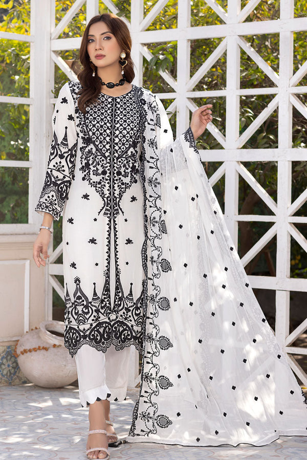 White Chiffon Gown with Black Embroidery