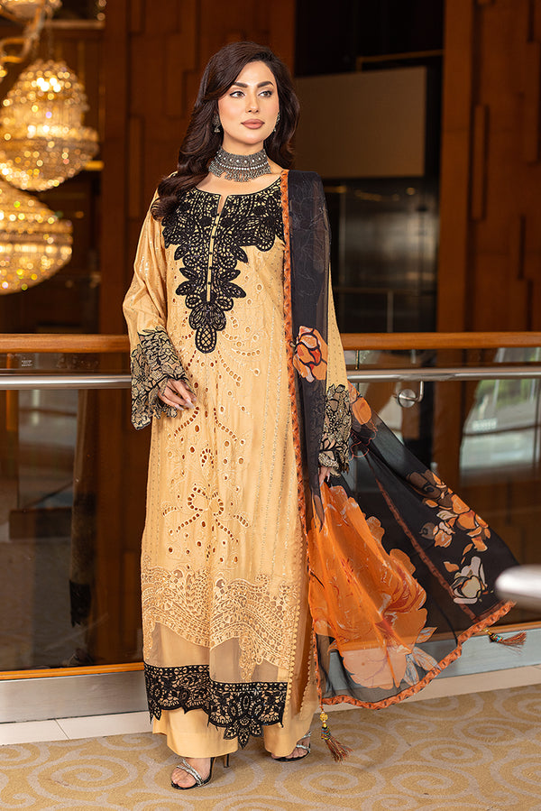 Yellow and Black Embroidered Cotton Suit