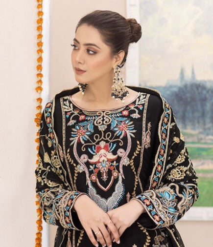 black chiffon embroidered dress for women